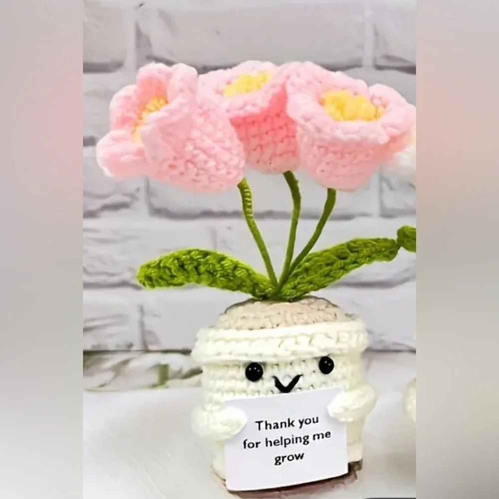 Thank You for Helping Me Grow Handcrafted Pink Tulips Crochet Flower Pot NWT